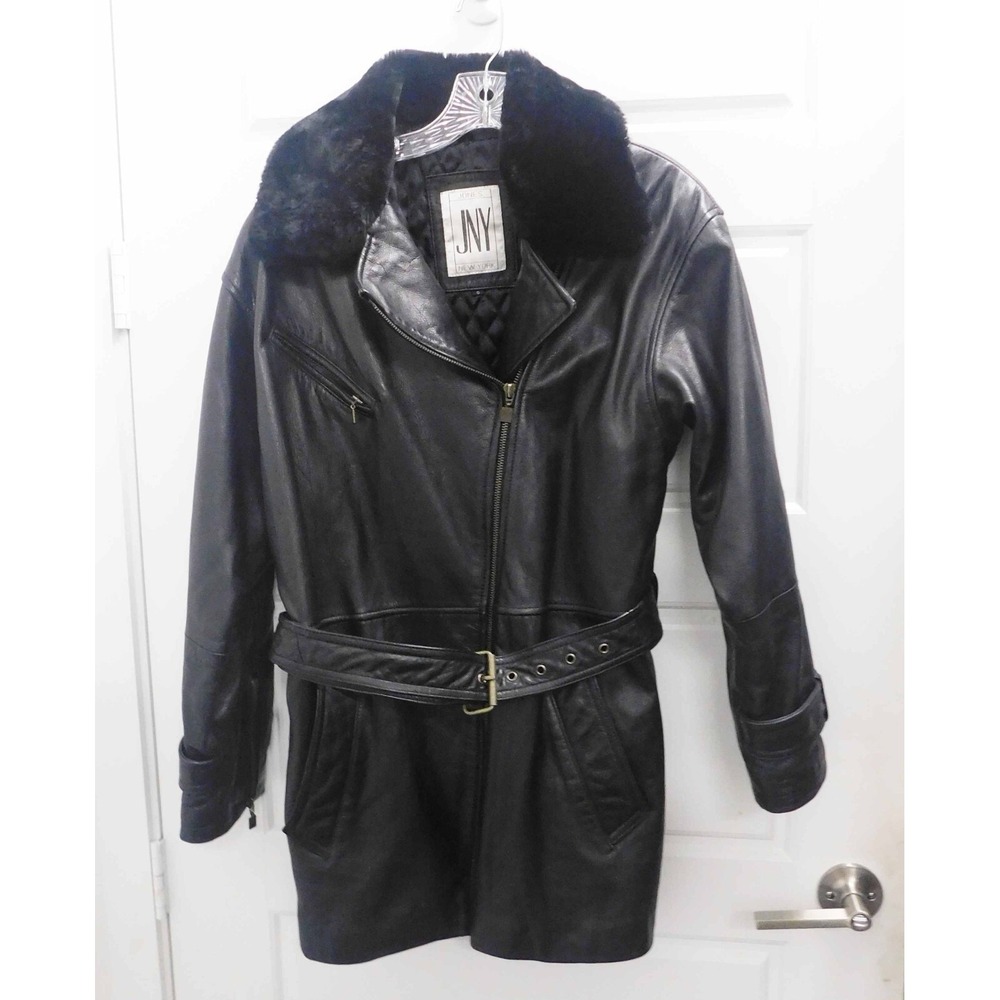 Jones Of New York Women Black Leather Zipper Belted Jacket Faux Fur Collar sz S